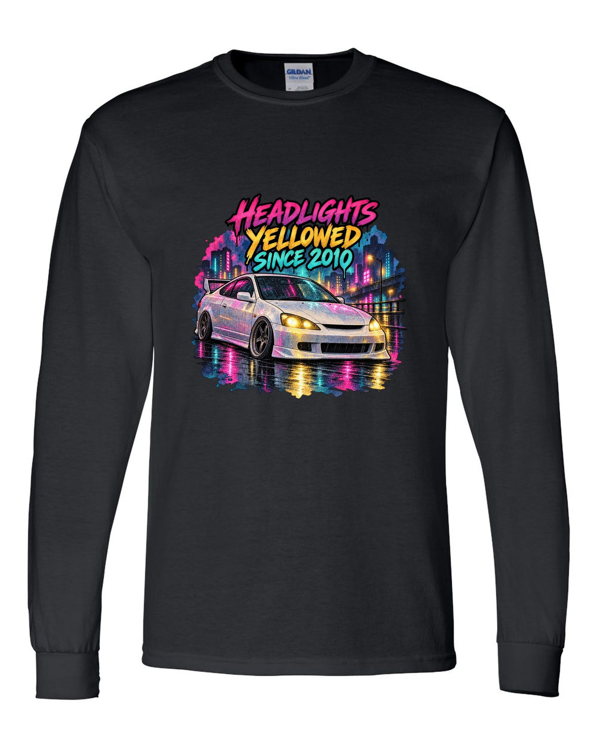 Sticker bomb collage print of a 1995 Honda Integra DC2 coupe with Teg is not an ITR text black long sleeve front view with the design