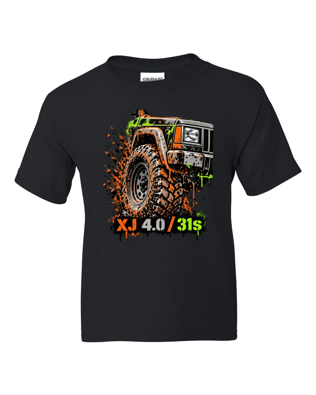 Stencil spray street art print of a muddy Jeep Cherokee XJ wheel with XJ 4.0 31s text black kids tee front view with the design
