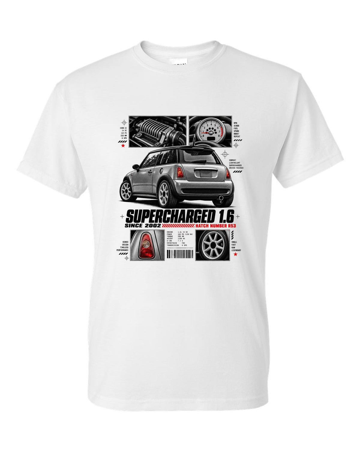 print of a Mini Cooper S R53 rear three-quarter view with detail panels and supercharged 1.6 text white t-shirt front view with the design