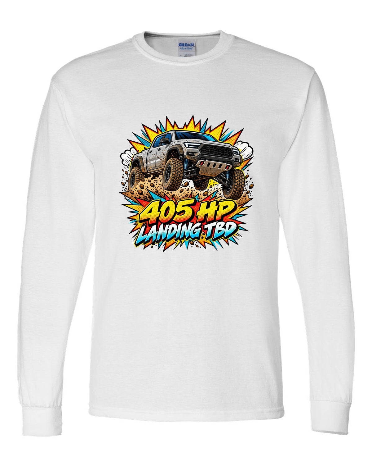 Ford Ranger Raptor P703 mid-jump in a comic pop-art burst print white long sleeve front view with the design