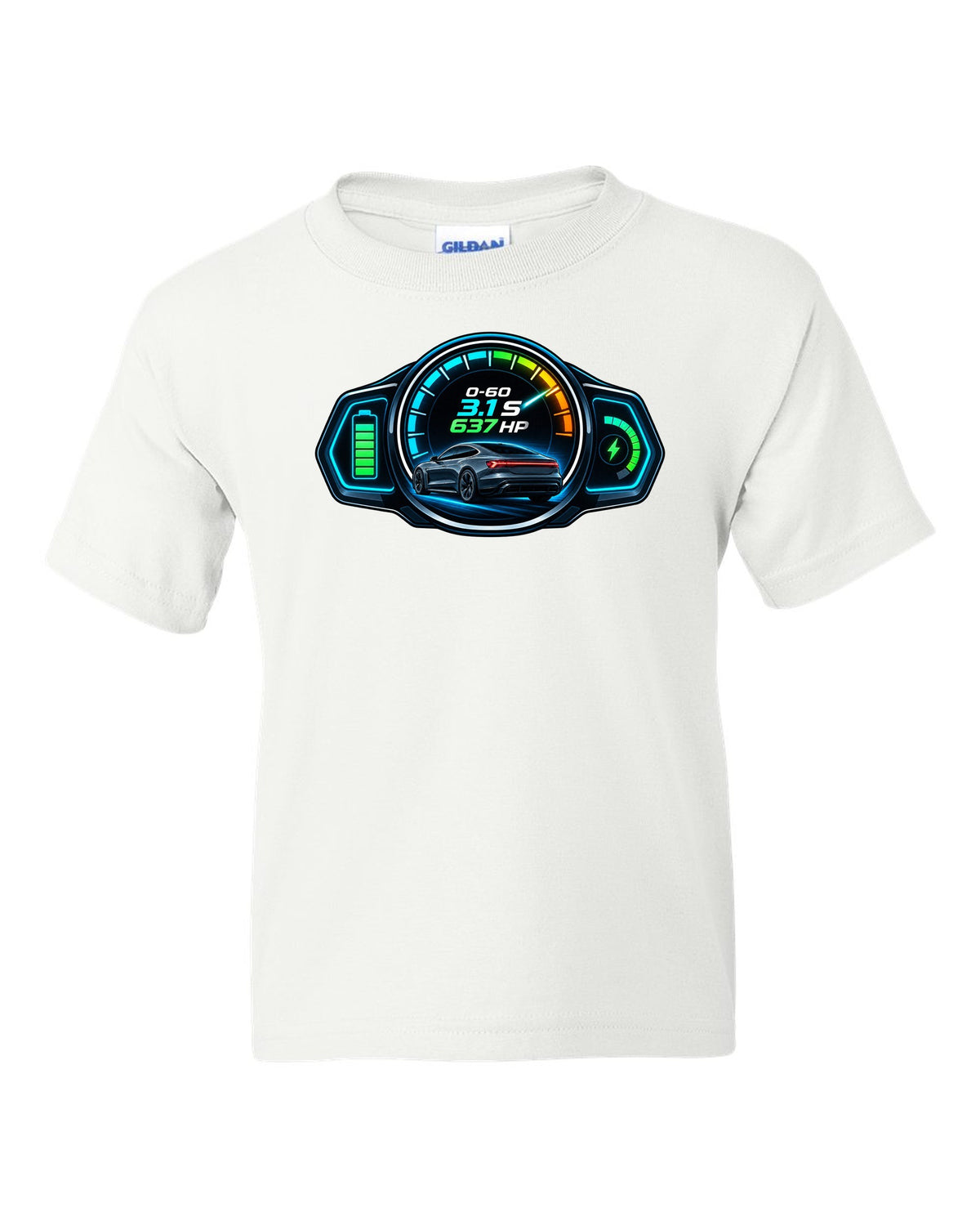 HUD gauge cluster print of an Audi e-tron GT with 0-60 and horsepower figures white kids tee front view with the design