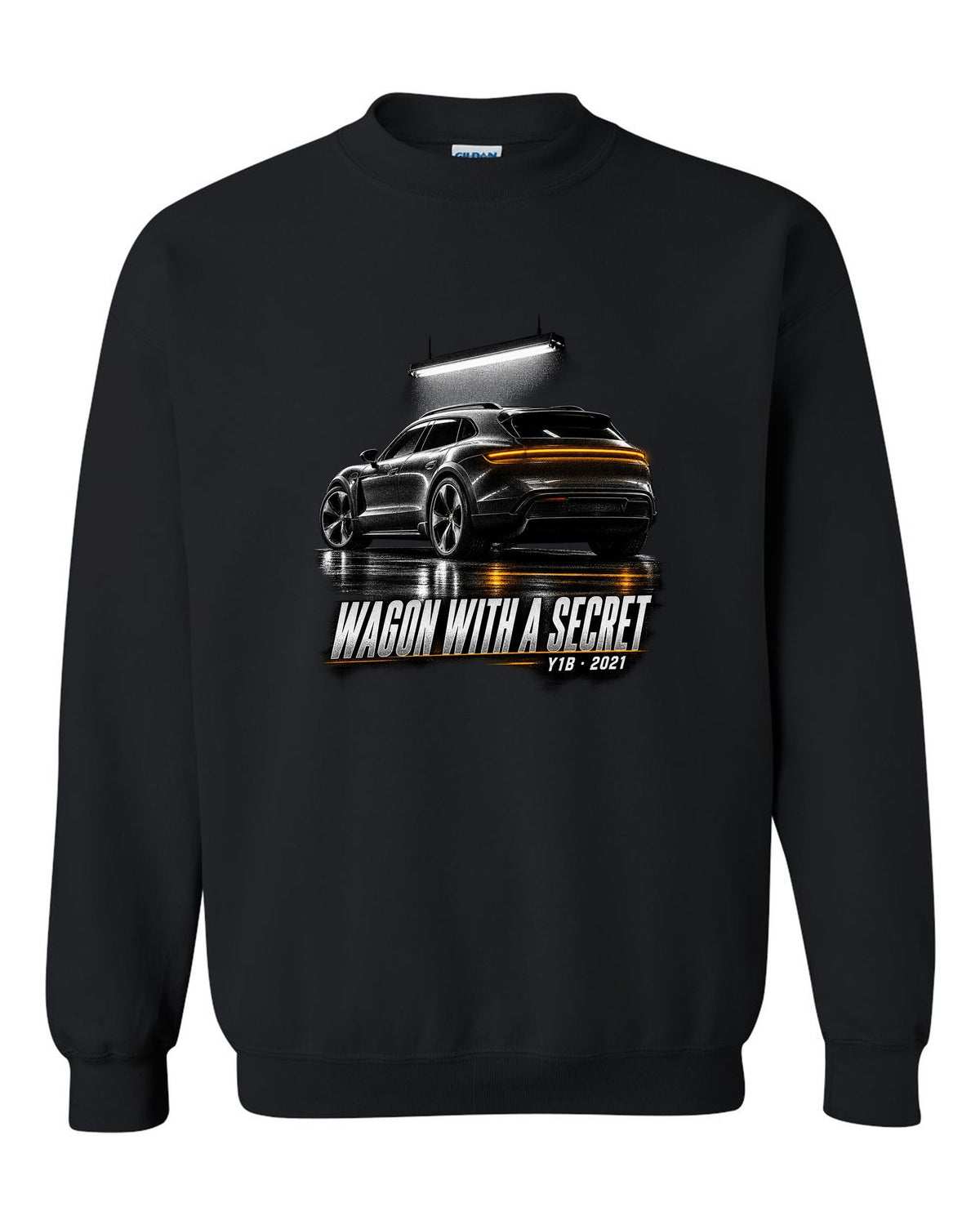 Porsche Taycan Cross Turismo Y1B in a dark garage, print design black crewneck front view with the design