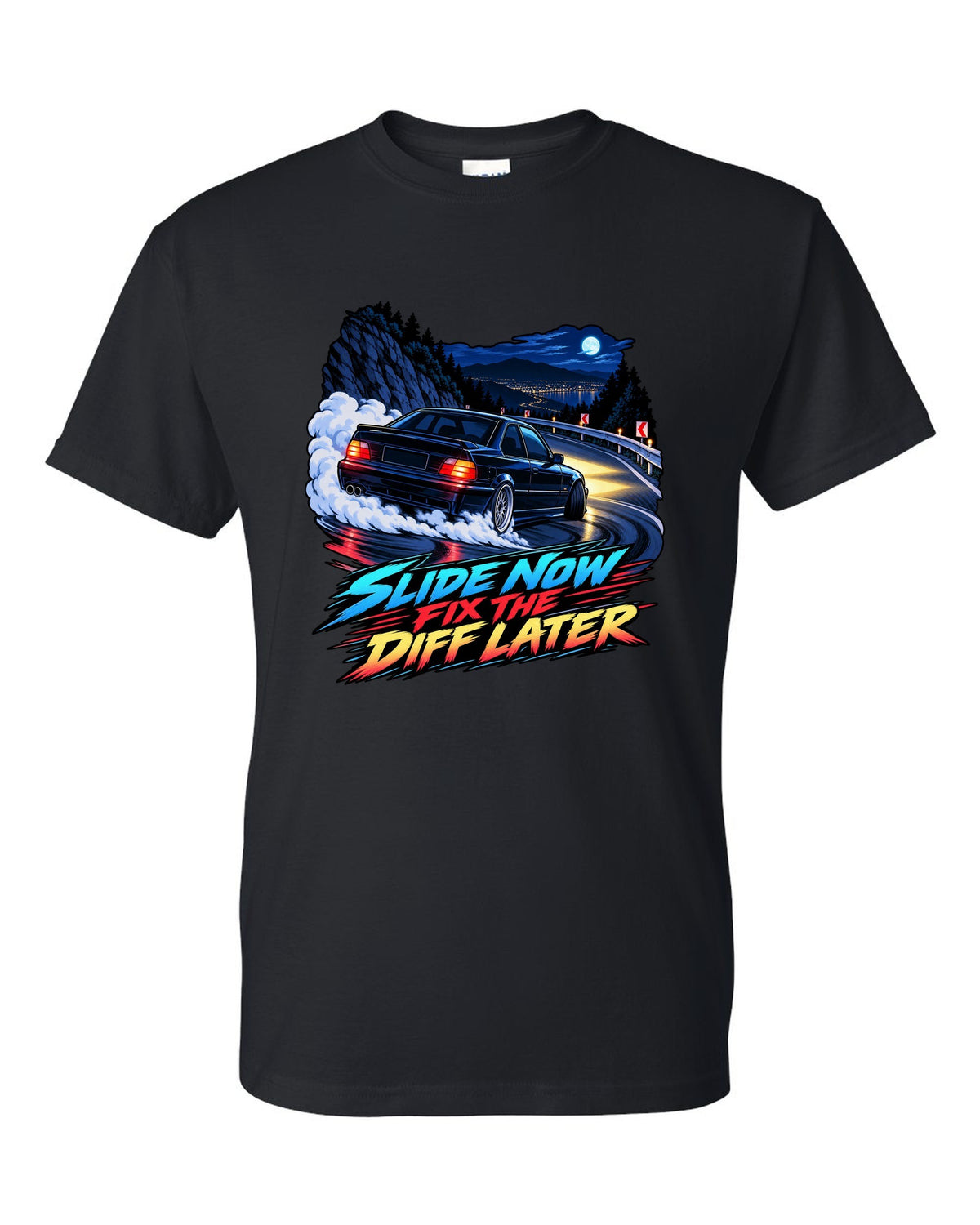 Spec sheet print of a BMW E36 M3 coupe with S50B32 3,201 cc 321 HP text black t-shirt front view with the design