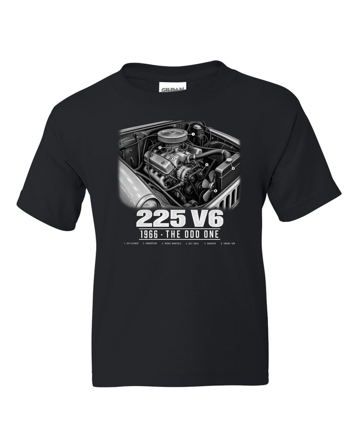 Engine hero print for the Jeep CJ-5 225 V6, 1966 black kids tee front view with the design