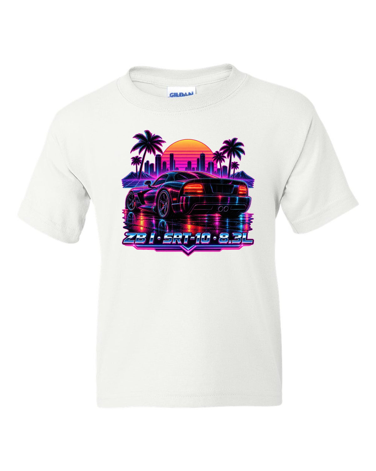 Synthwave neon rain street print of a 2005 Dodge Viper SRT-10 ZB I tail white kids tee front view with the design