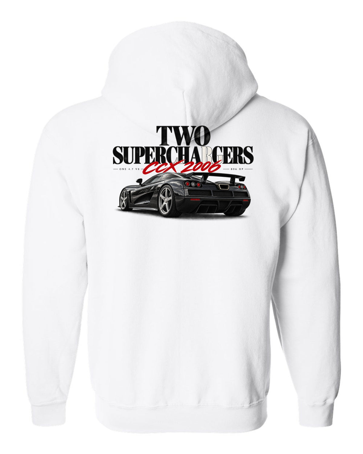 Koenigsegg CCX 2006 editorial headline with two superchargers white zip hoodie back view with the design