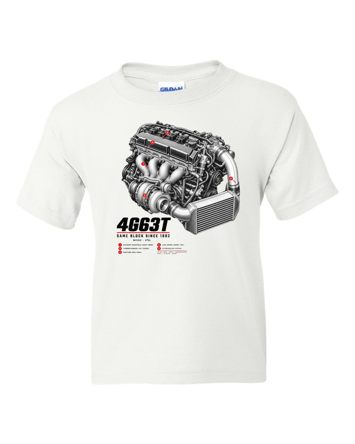 Engine hero print for the Mitsubishi Lancer Evolution IX MR CT9A reading 4G63T, MIVEC, 2.0L, same block since 1992 white kids tee front view with the design