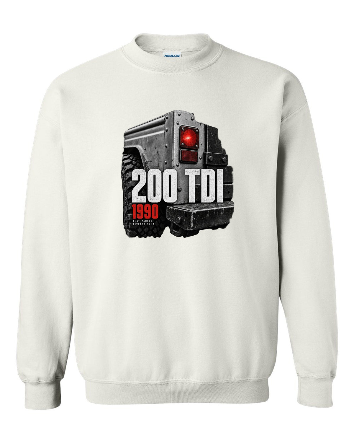Land Rover Defender 200 Tdi taillight and riveted panel macro print white crewneck front view with the design
