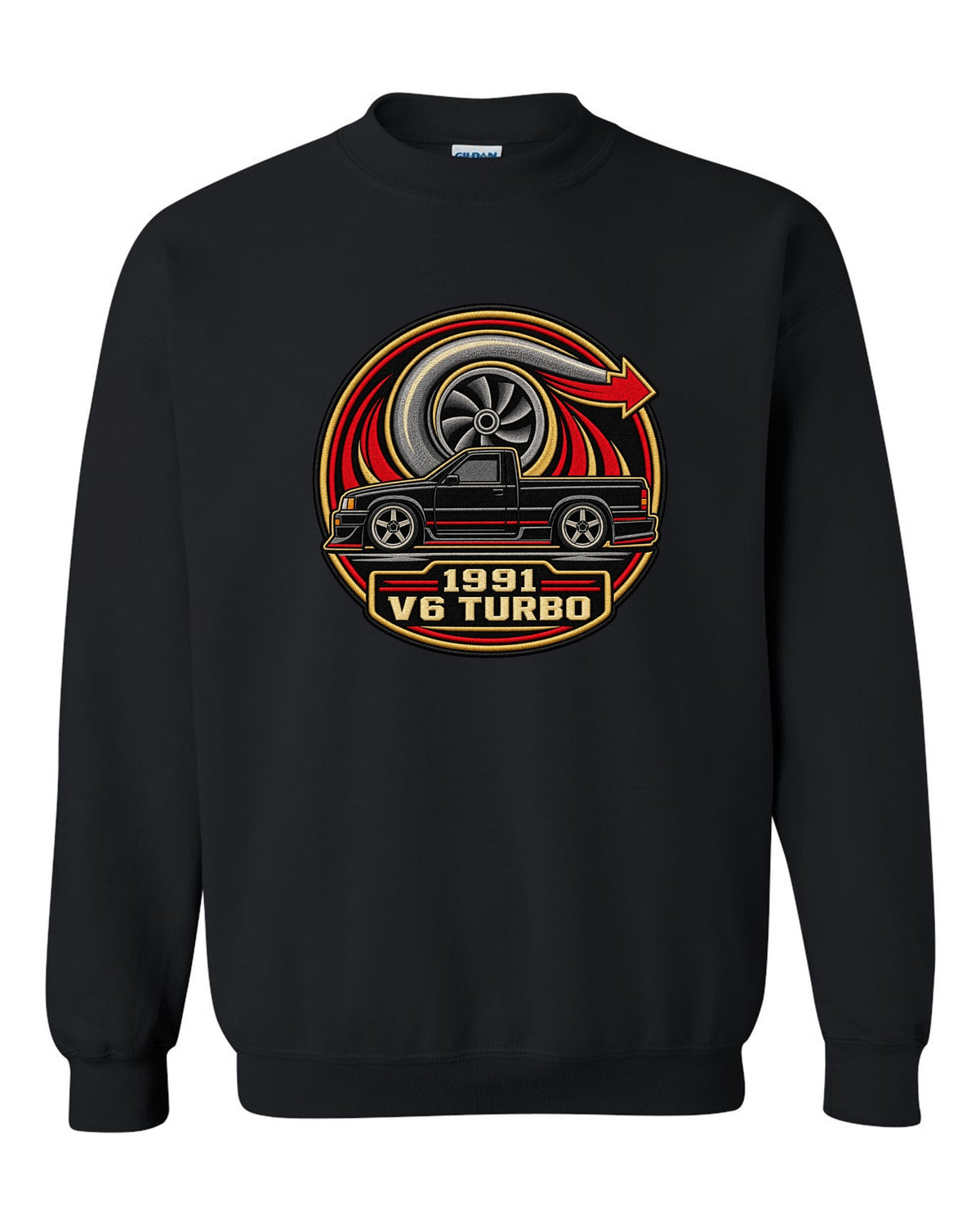 Varsity round embroidery-style design for a 1991 GMC Syclone reading 1991 / V6 TURBO black crewneck front view with the design