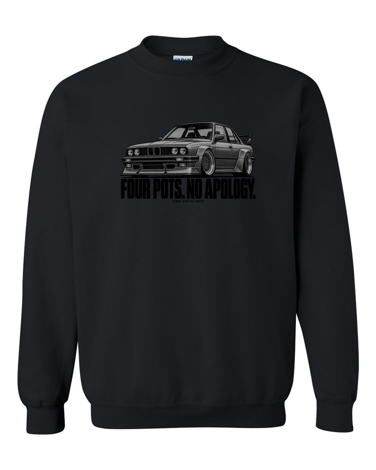 BMW E30 M3 Sport Evo halftone print with S14B25 2,467 cc and 238 PS text black crewneck front view with the design