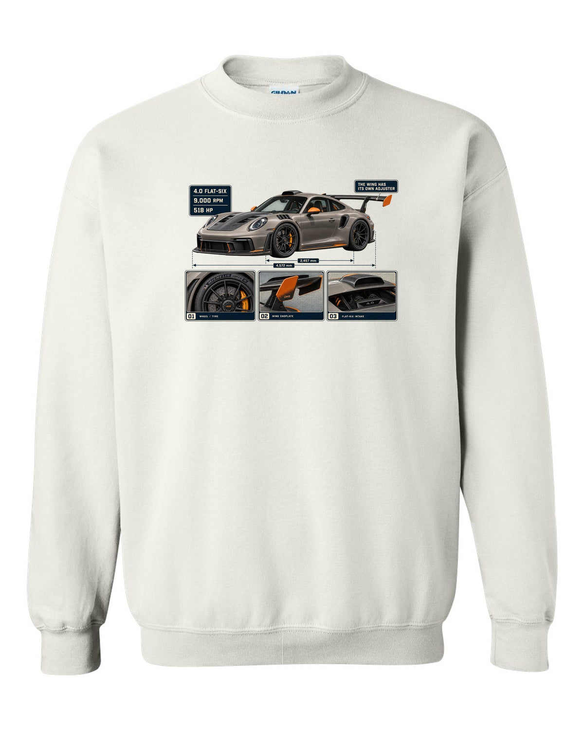 print dossier panels of a Porsche 911 GT3 RS 992 in warm grey with orange accents white crewneck front view with the design