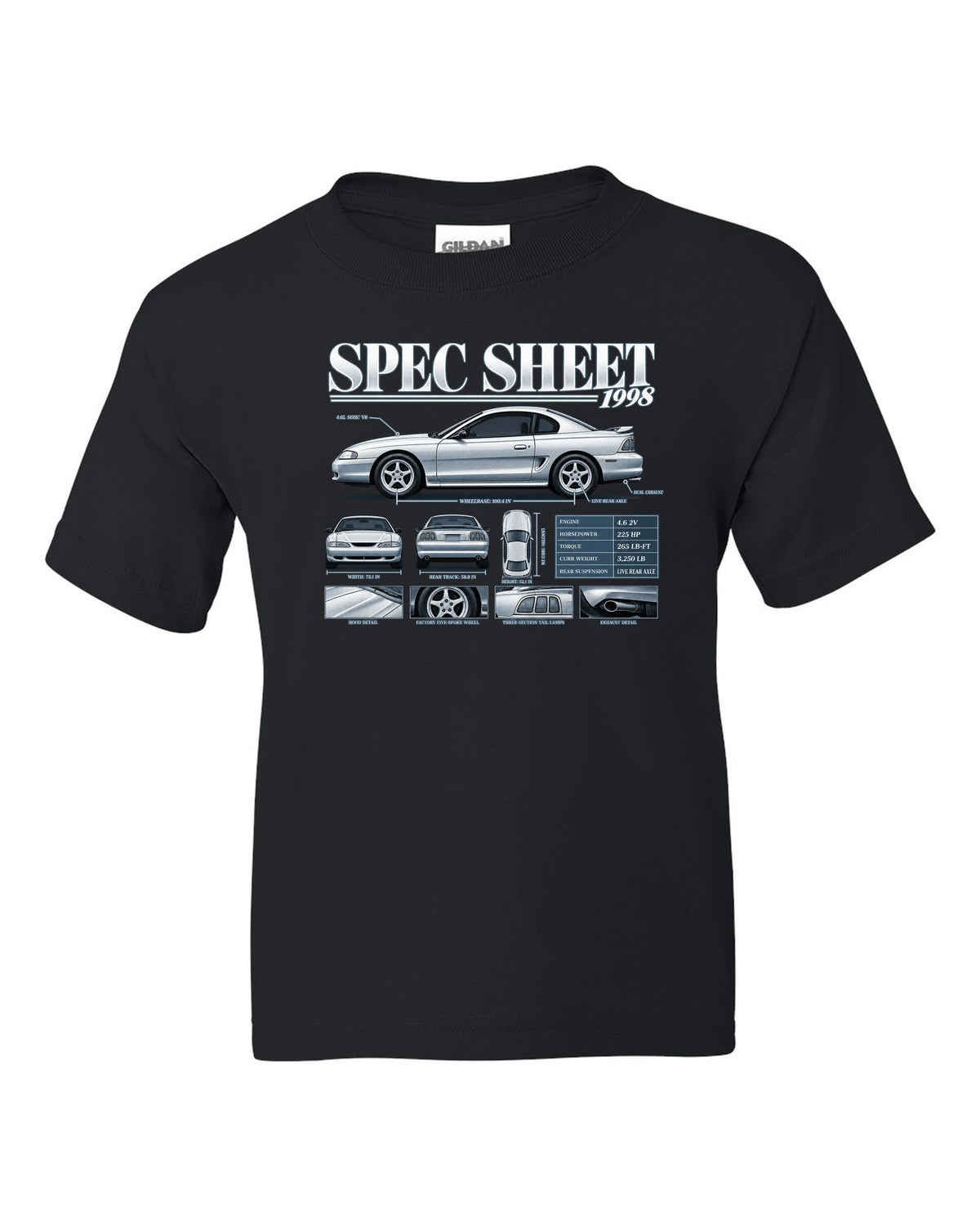 Spec sheet poster print of a 1998 SN95 Ford Mustang GT coupe black kids tee front view with the design