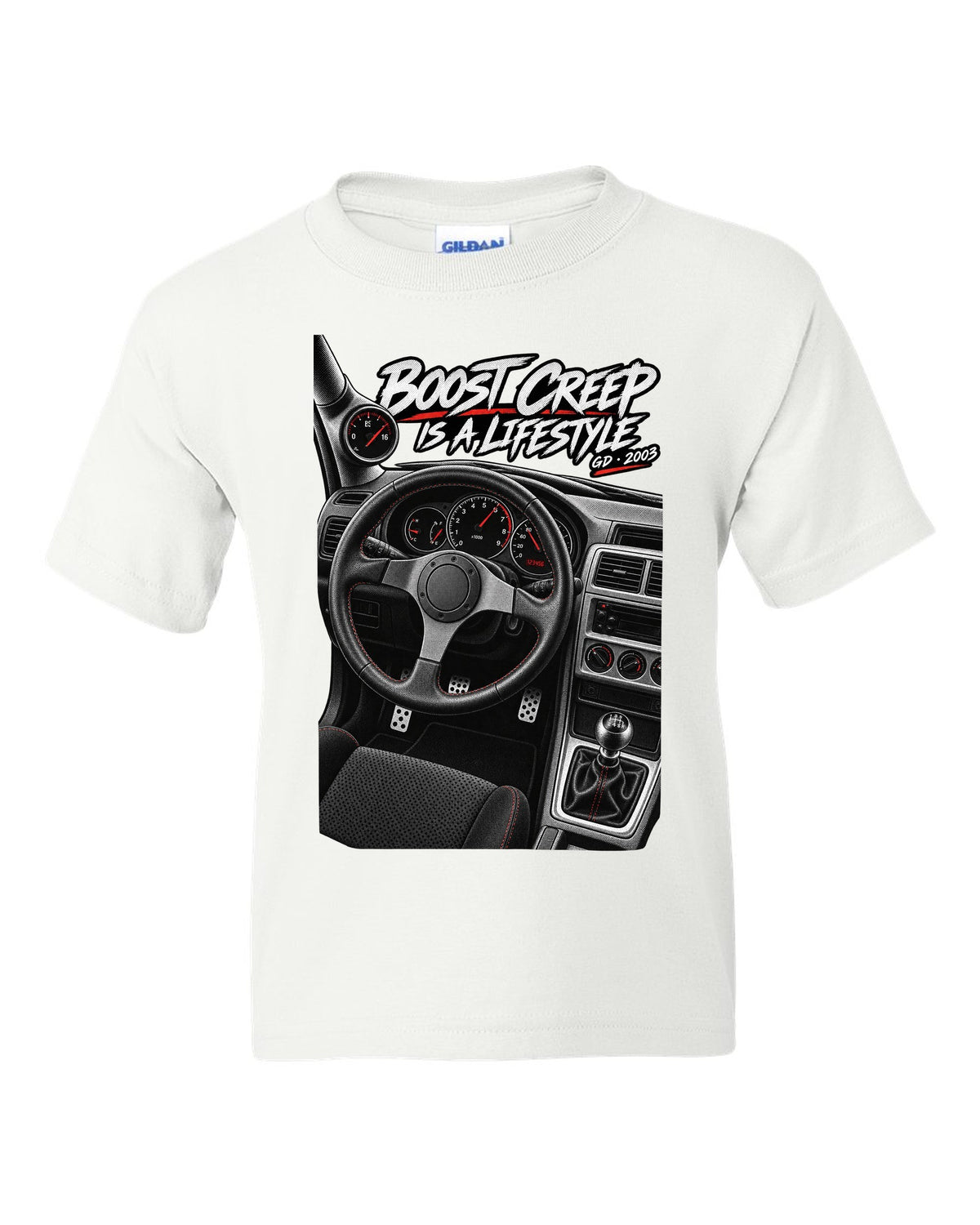 Boost gauge cockpit print for a Subaru Impreza WRX GD Blobeye with boost creep text white kids tee front view with the design