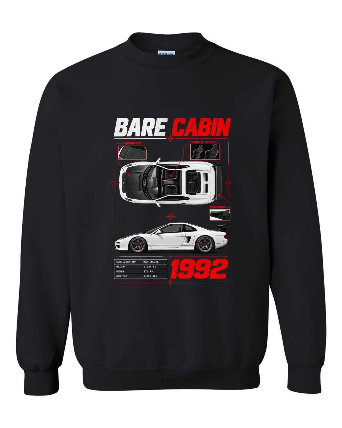 Spec poster print for the 1992 Honda NSX-R NA1 listing bare cabin, bucket seats and carbon lid black crewneck front view with the design