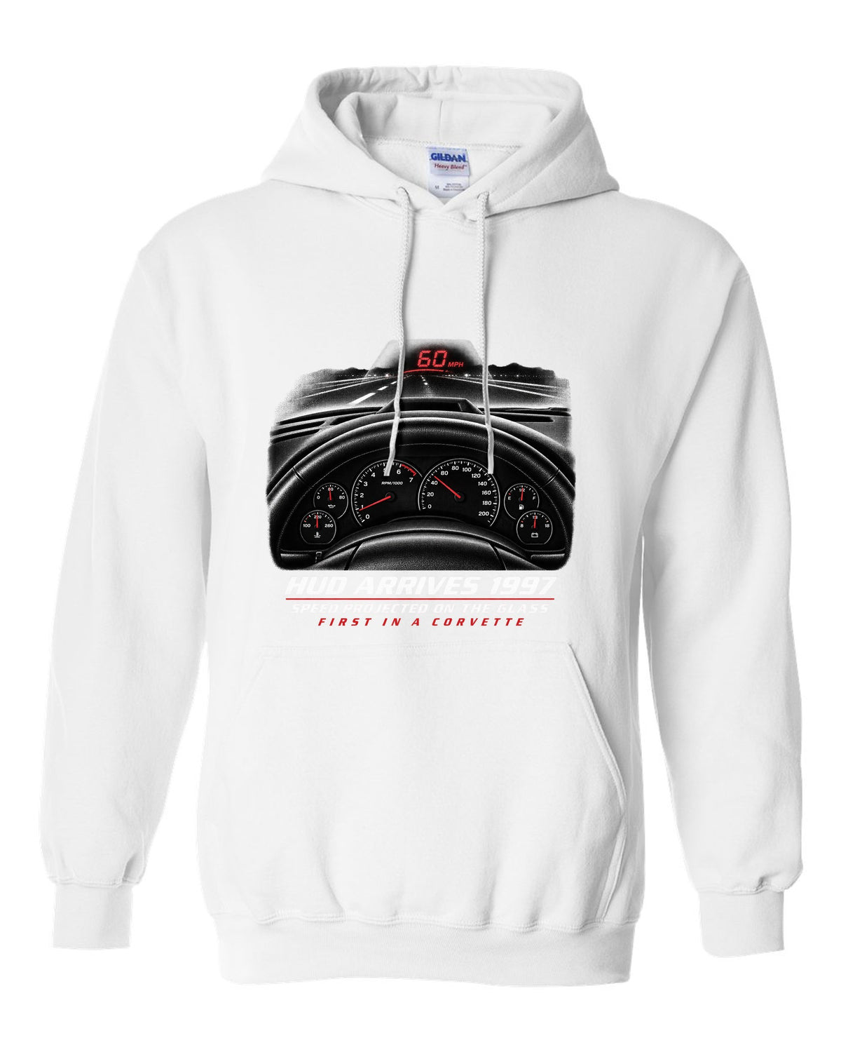 Corvette C5 heads-up display and gauge cluster print white pull over hoodie front view with the design