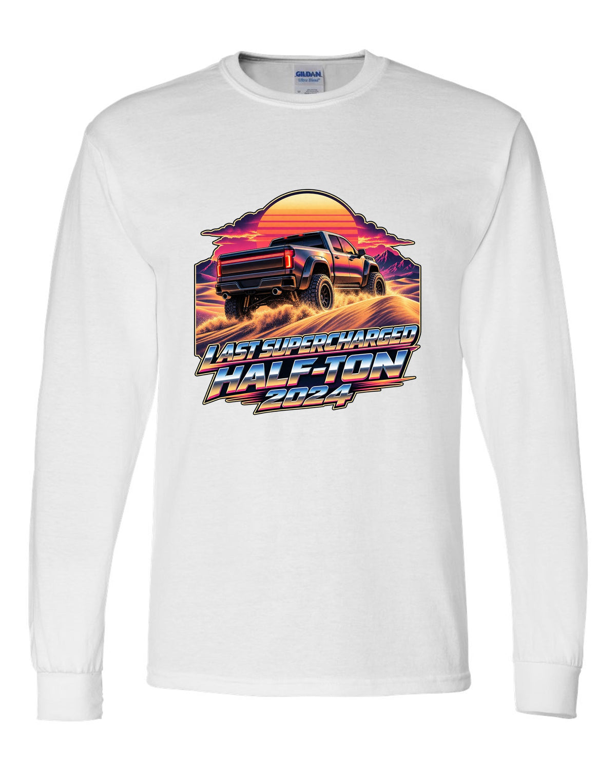 Retro 80s sunset print of a Ram 1500 TRX Final Edition on dunes white long sleeve front view with the design