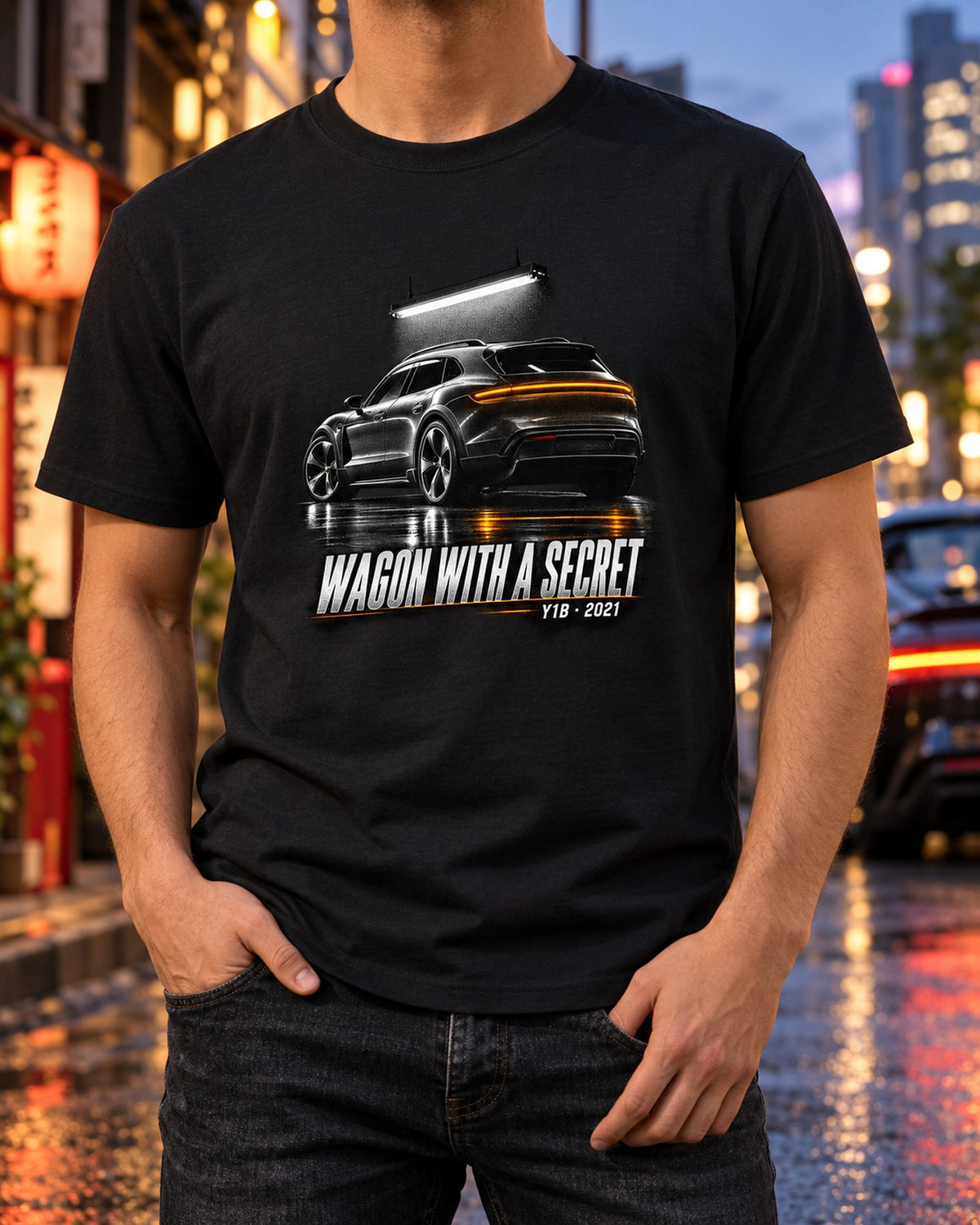 Taycan Cross Turismo Y1B Garage Night Tee, Porsche Wagon Shirt T-Shirt Black worn hero