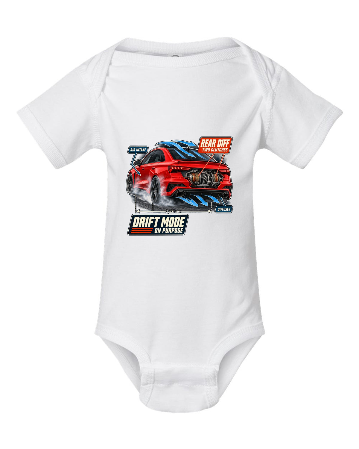 Cutaway callouts on an Audi RS3 8Y sedan showing rear diff and two clutches white baby onesie front view with the design