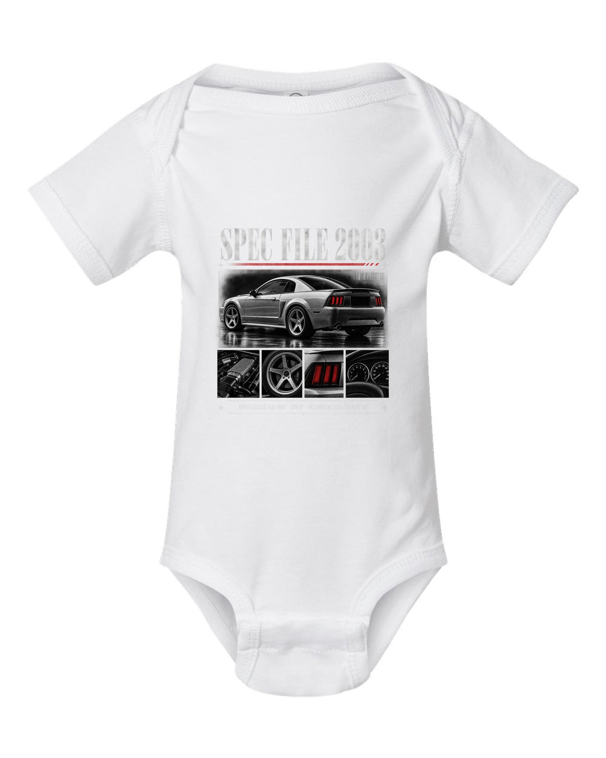 Dossier panel profile of a 2003 Ford Mustang SVT Cobra New Edge with spec file lettering white baby onesie front view with the design