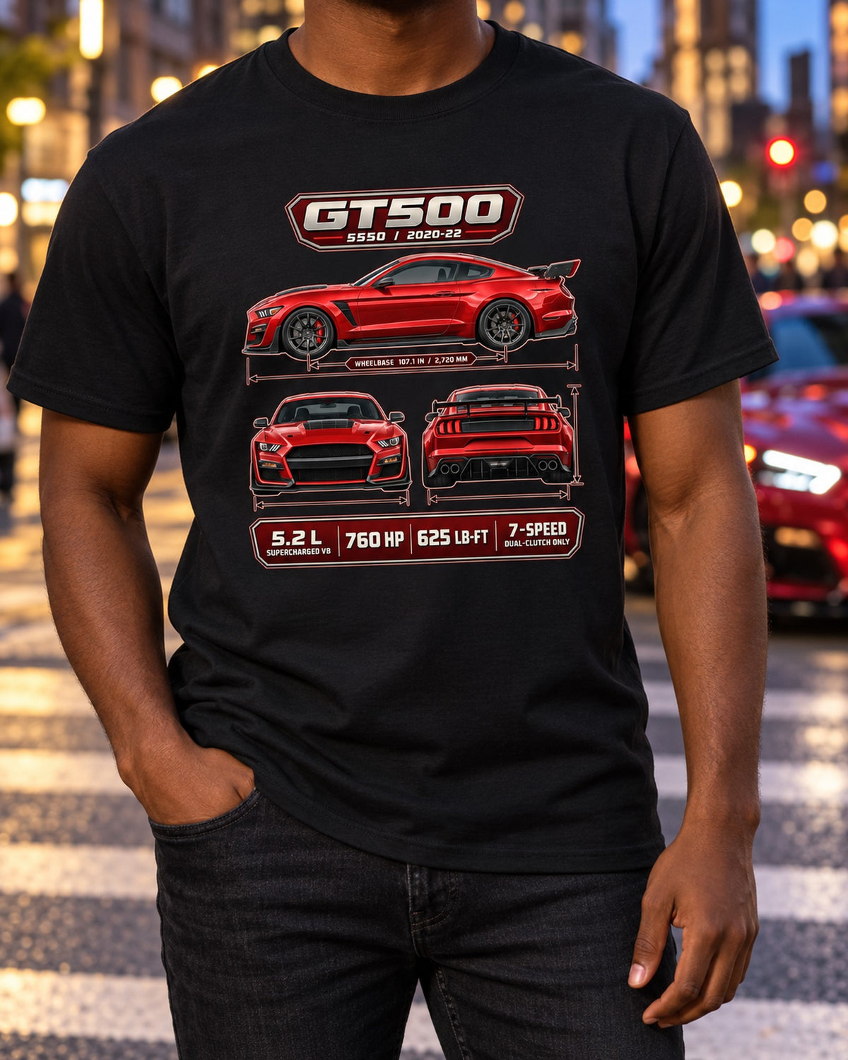 Ford Mustang Shelby GT500 S550 Three-View Spec Table Shirt T-Shirt Black worn hero