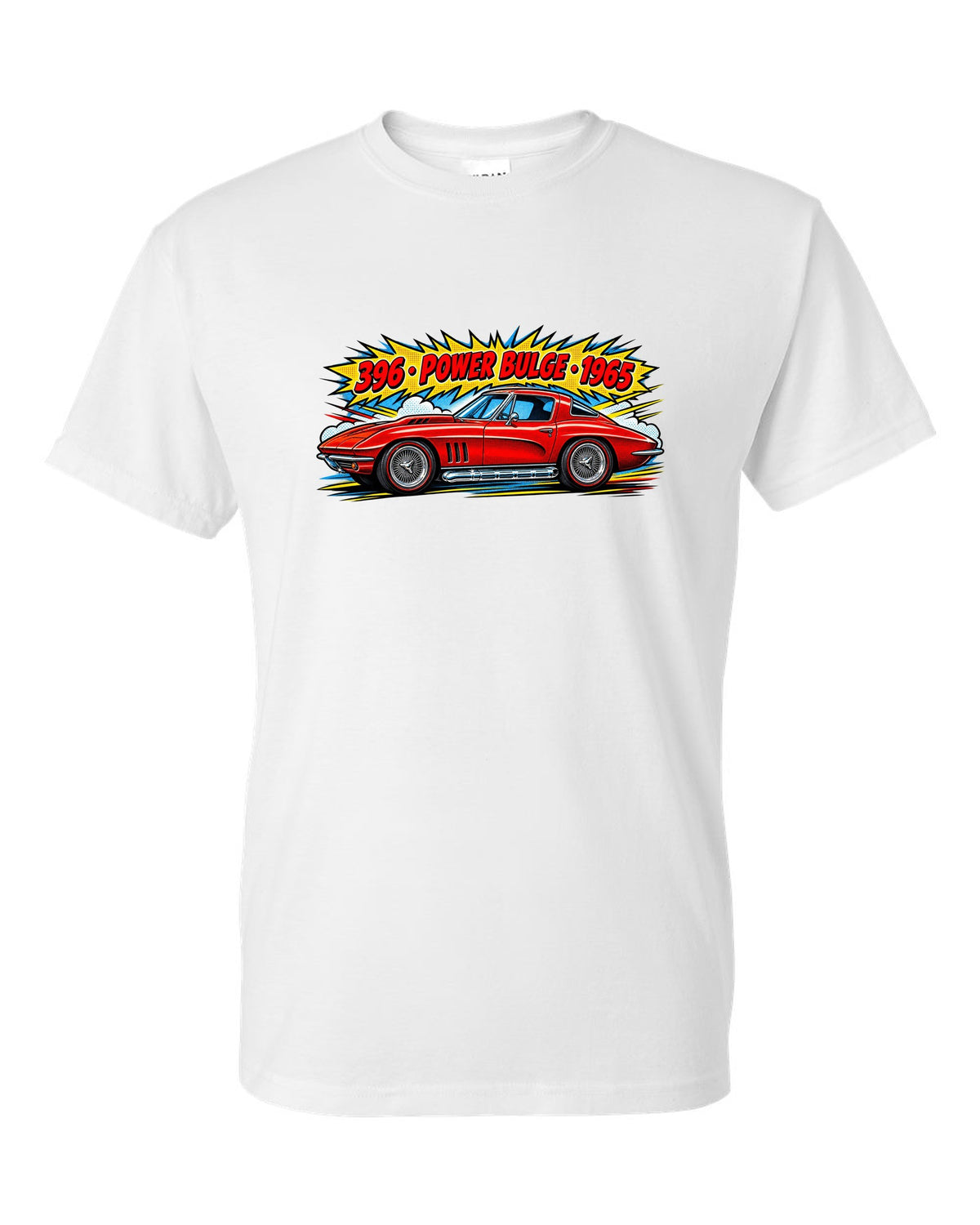 1965 Corvette C2 Sting Ray Side Pipe Comic white t-shirt front view with the design