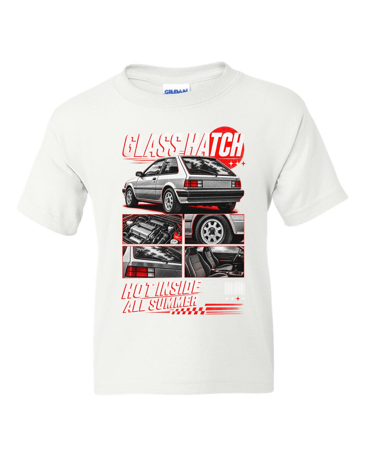 Dossier panel print for the 1989 Honda CRX EF8 Si about its glass ch being hot all summer white kids tee front view with the design