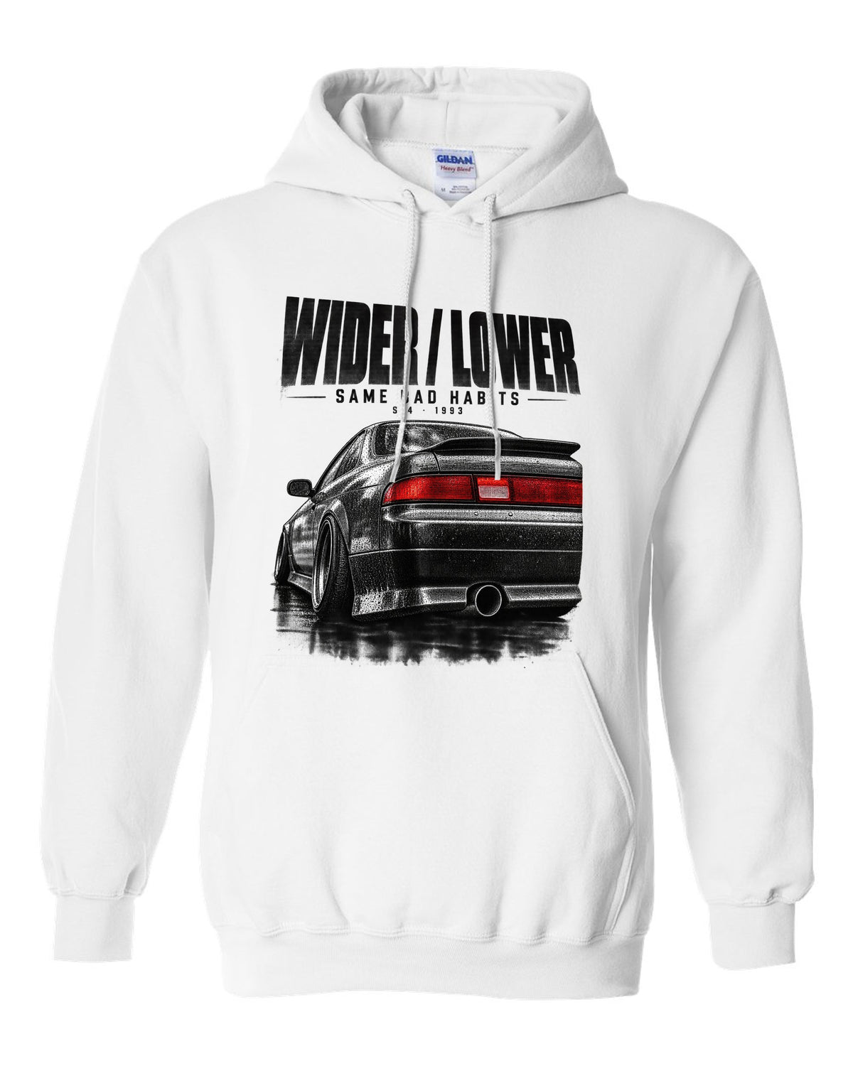 Close-up macro of a Nissan Silvia S14 zenki taillight with wider, lower, same bad habits lettering white pull over hoodie front view with the design