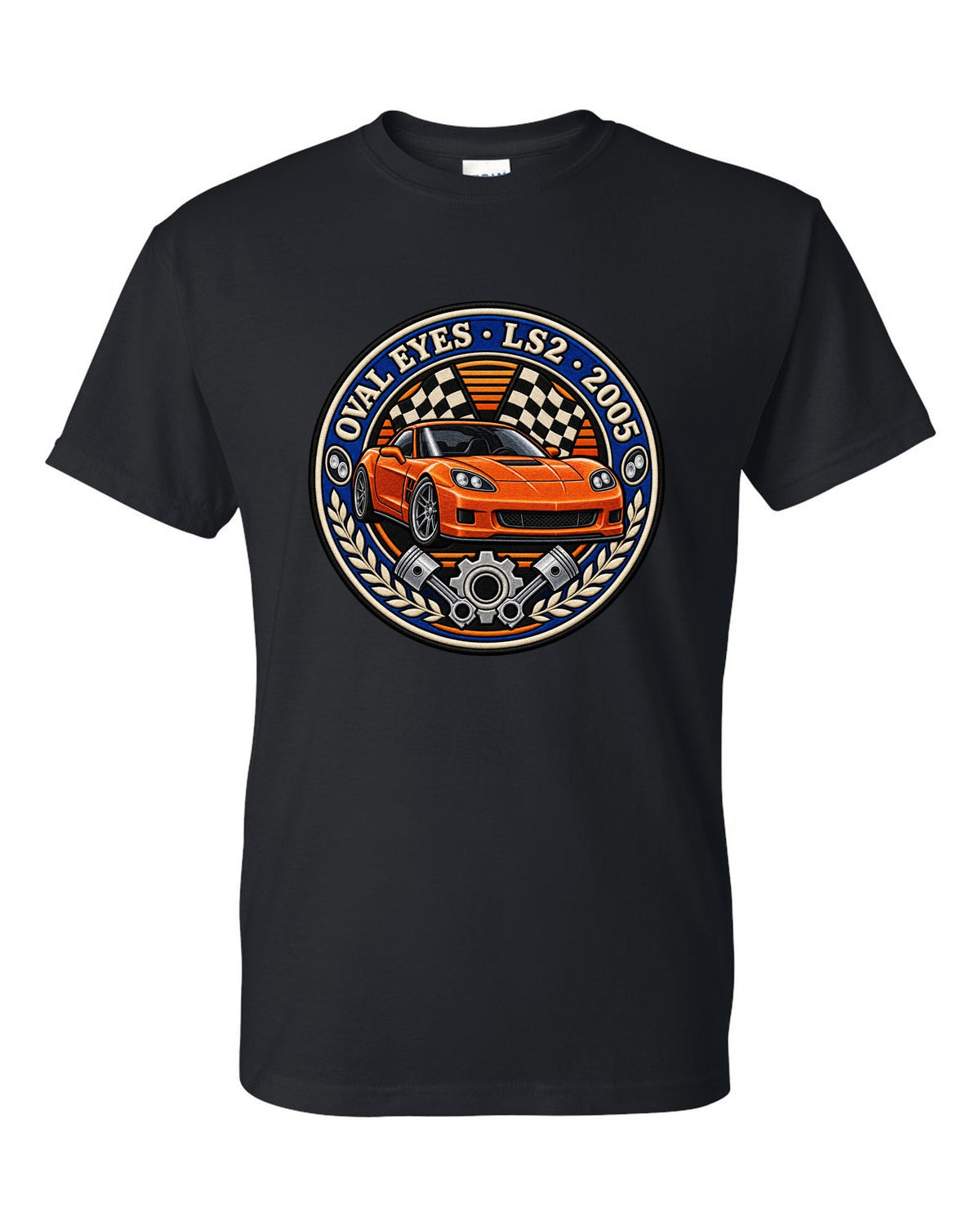 Varsity crest embroidery style print for a 2005 Chevrolet Corvette C6 coupe with Oval Eyes LS2 lettering black t-shirt front view with the design