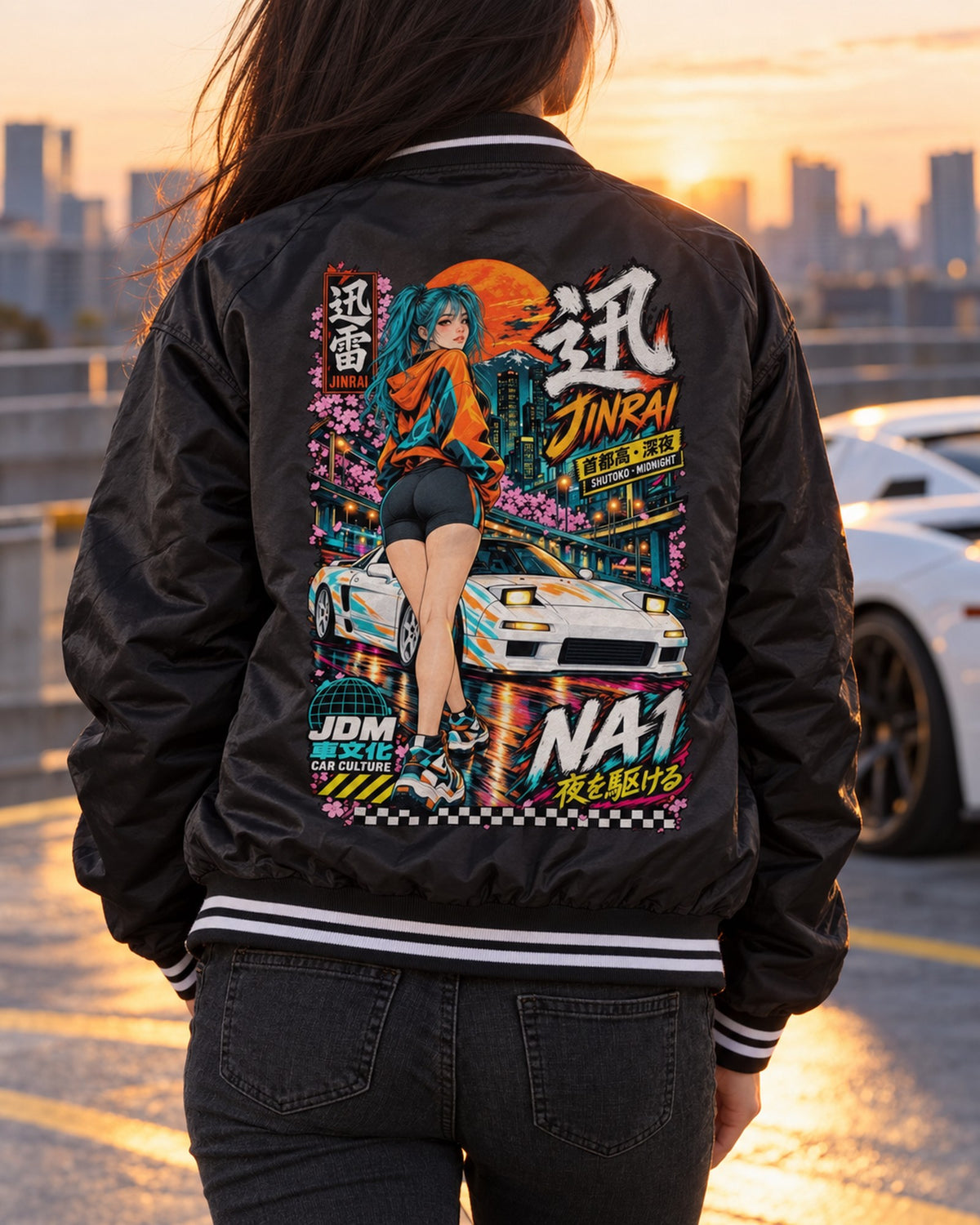 JINRAI NA1 Anime Girl Full-Back Graphic Tee Bomber Jacket Black worn hero