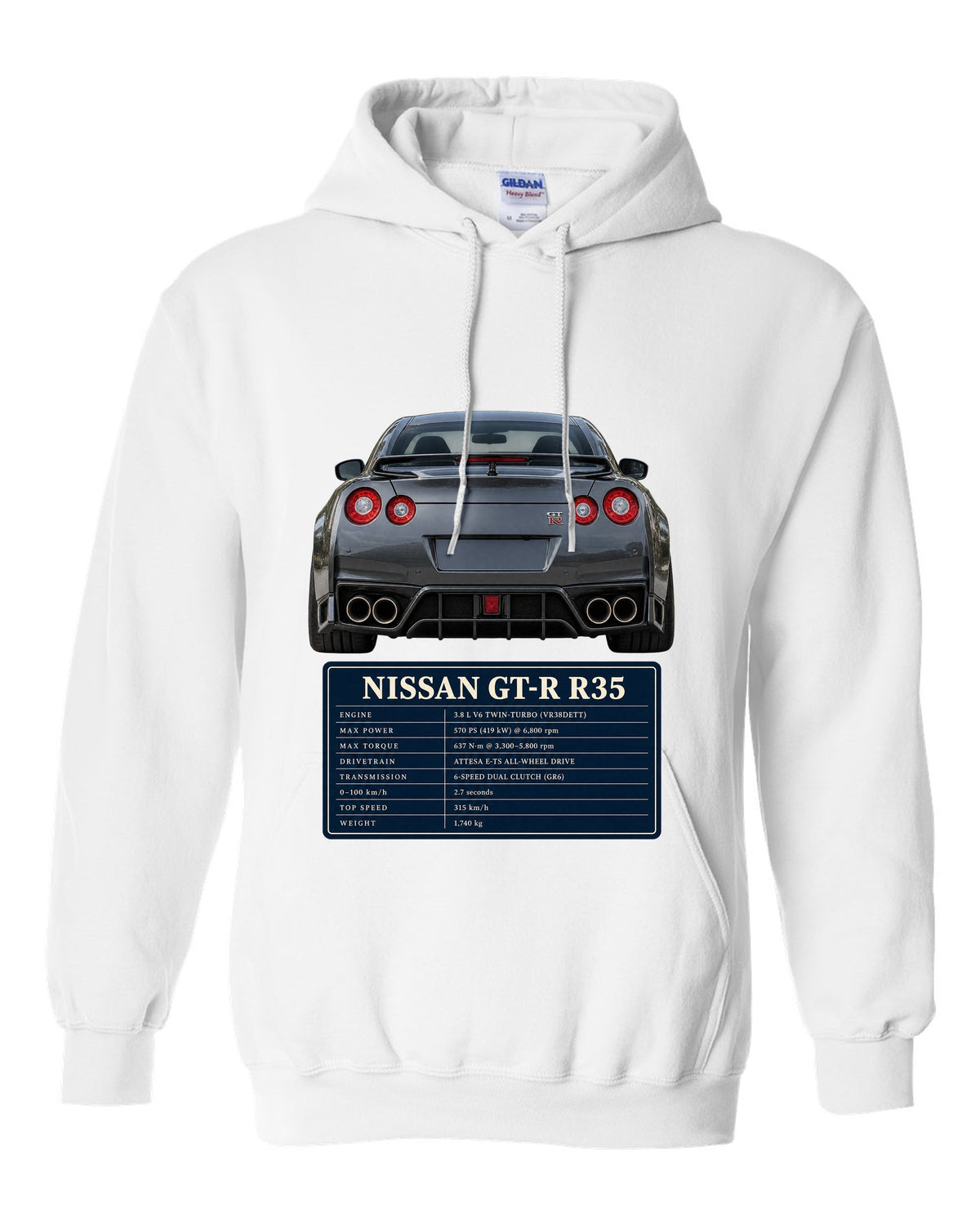 Close crop of Nissan GT-R R35 2014 Premium round taillights white pull over hoodie front view with the design