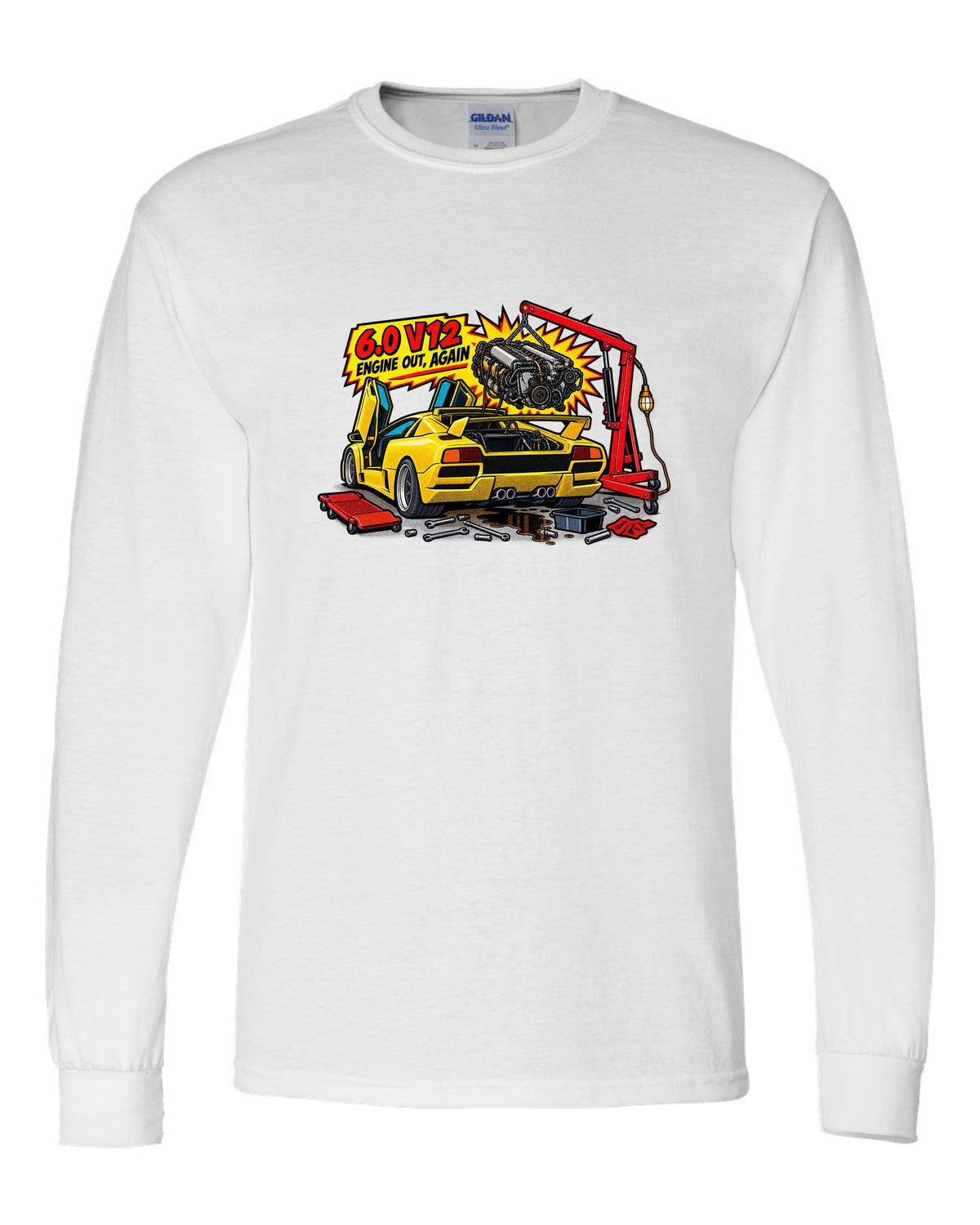 Comic halftone pop-art Lamborghini Diablo GT in a workshop with 6.0 V12 engine out again lettering white long sleeve front view with the design