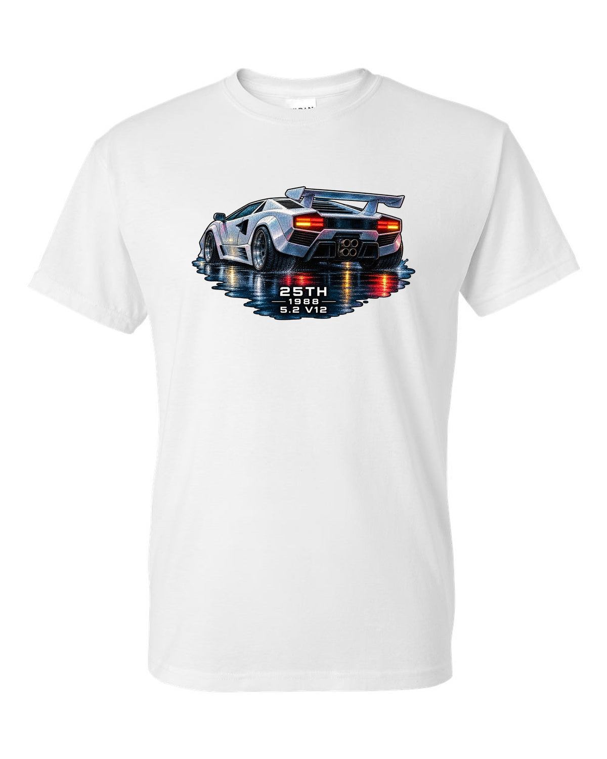 Watercolour wet-road night scene of a Lamborghini Countach 25th Anniversary with 25th 1988 5.2 V12 text white t-shirt front view with the design