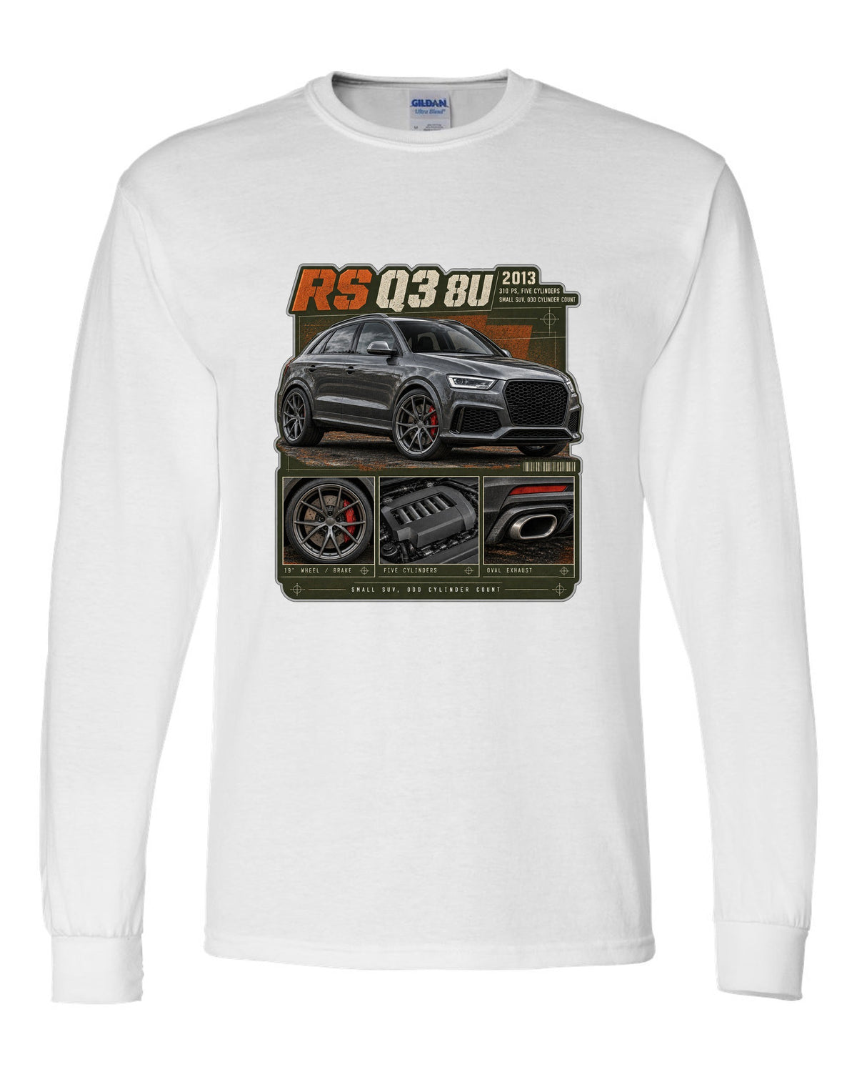 Audi RS Q3 8U dossier panels print with 310 PS five-cylinder text white long sleeve front view with the design