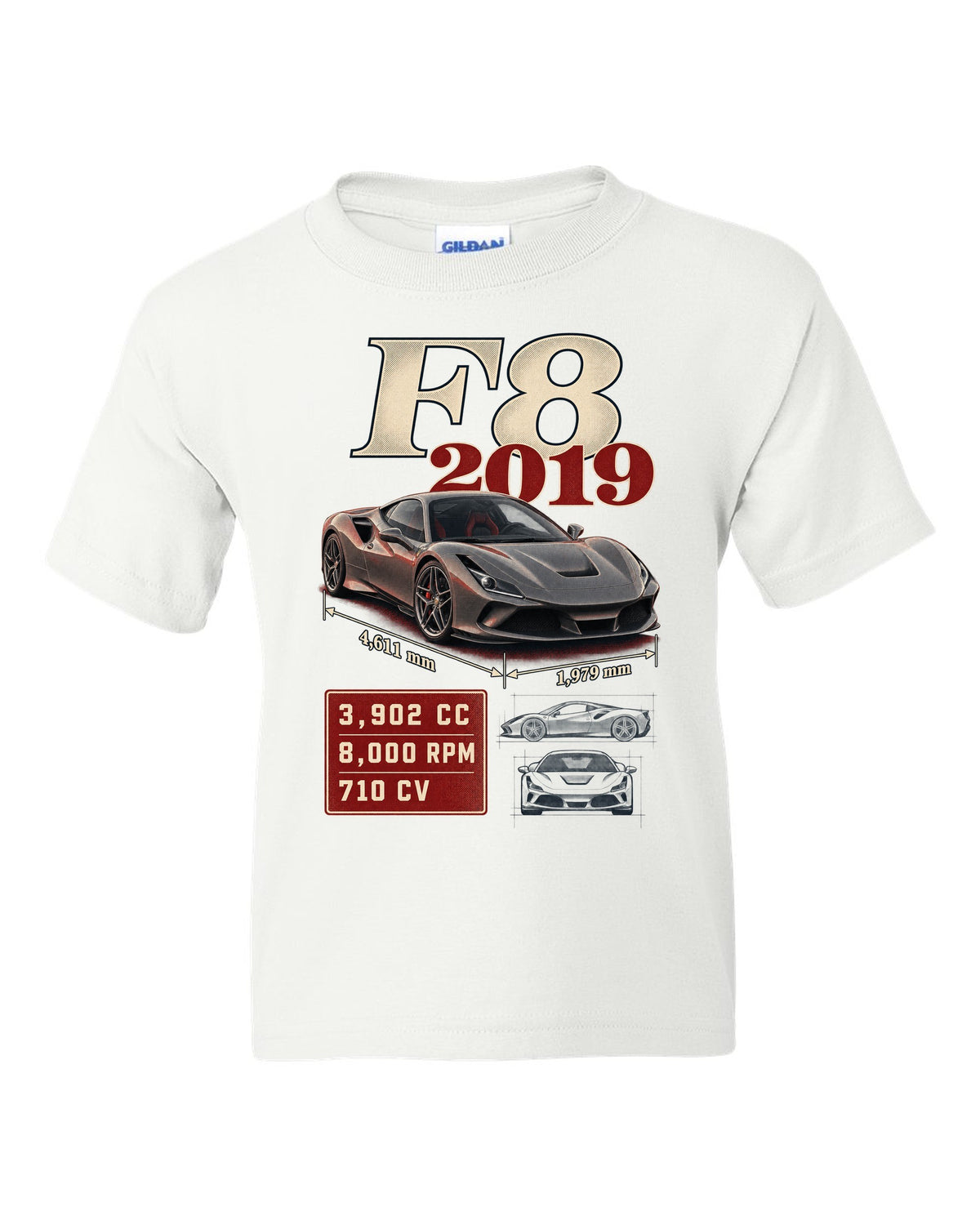 Ferrari F8 Tributo archive panel print listing 3,902 cc, 8,000 rpm, 710 CV white kids tee front view with the design