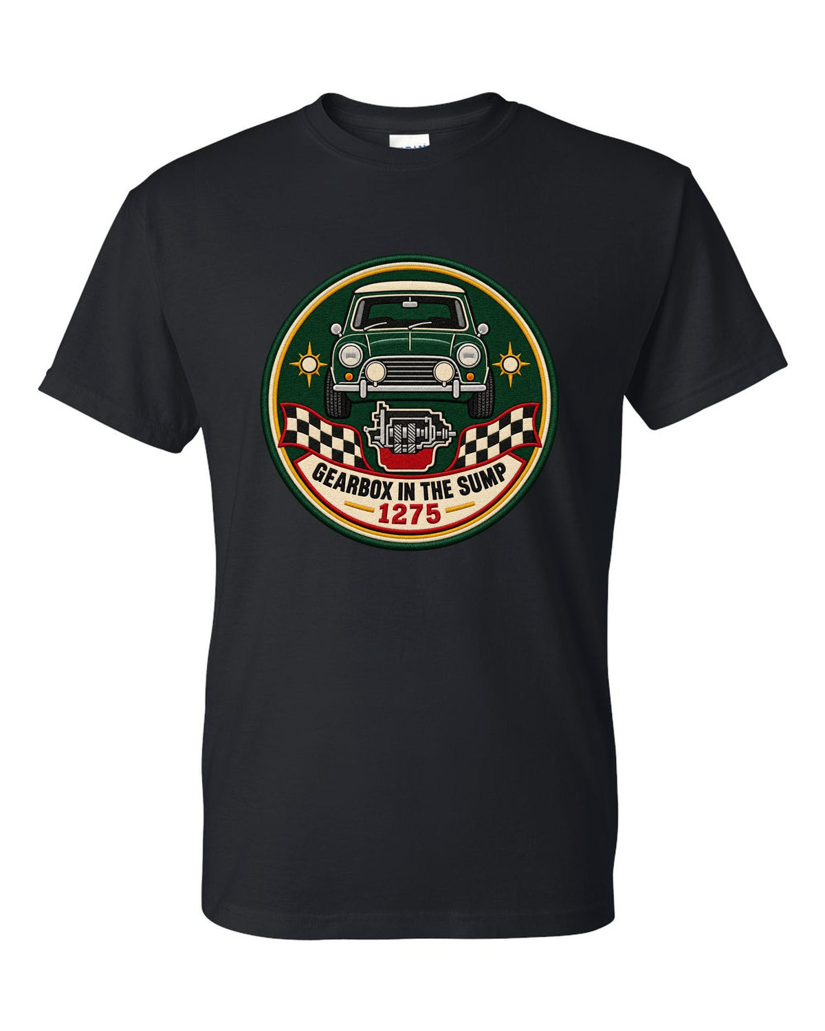 Round crest for the classic Mini Cooper S ADO15 with gearbox in the sump lettering black t-shirt front view with the design