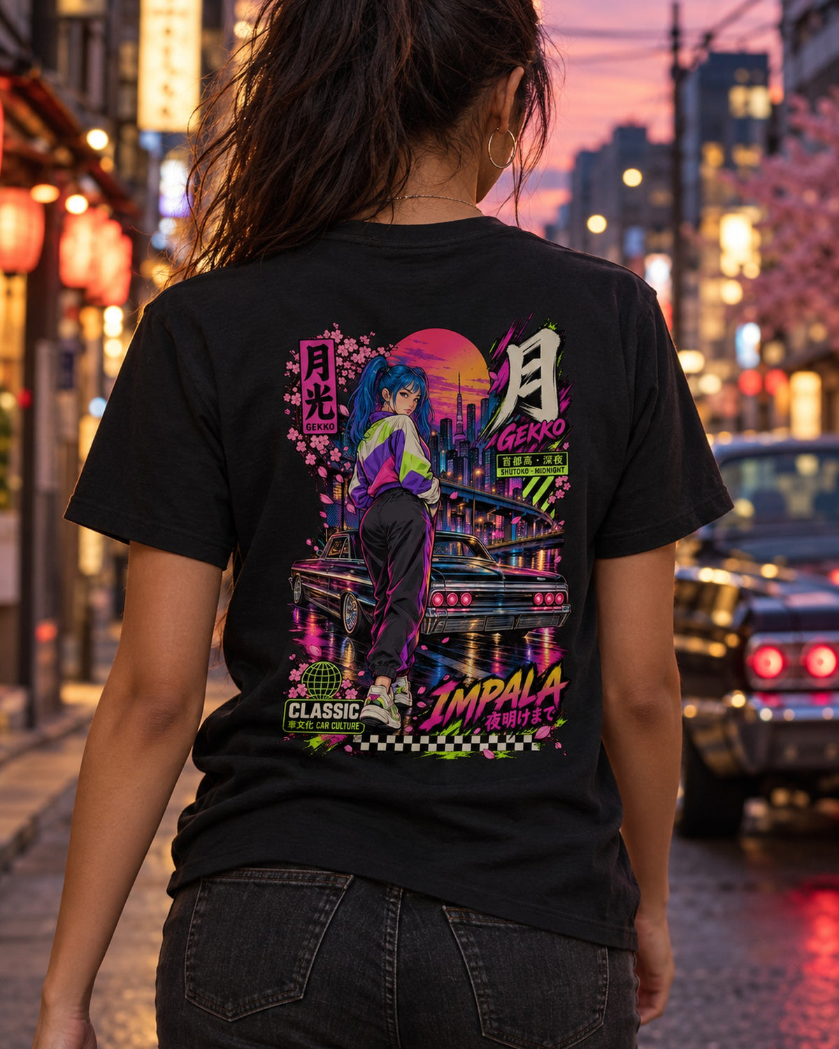 GEKKO IMPALA Anime Girl Full-Back Graphic Tee T-Shirt Black worn hero