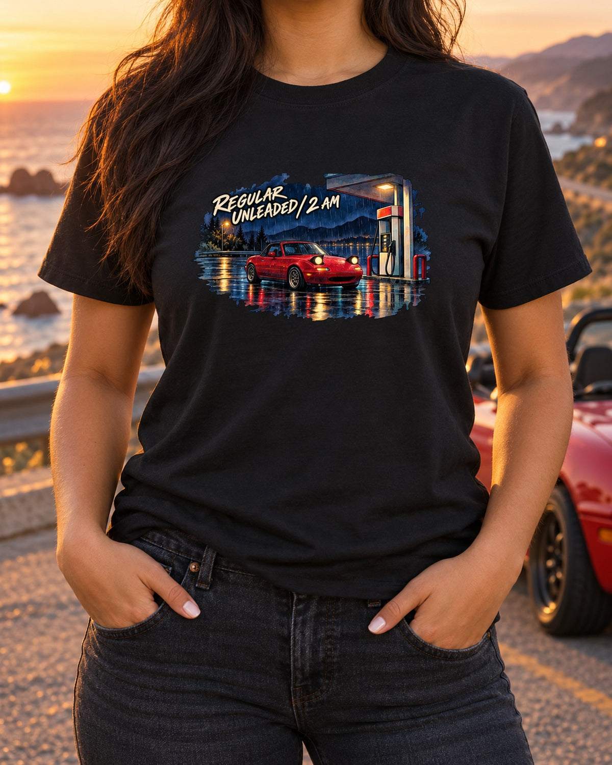 Mazda MX-5 NA Watercolour Rainy Night Fill-Up Tee, Car Gift T-Shirt Black worn hero
