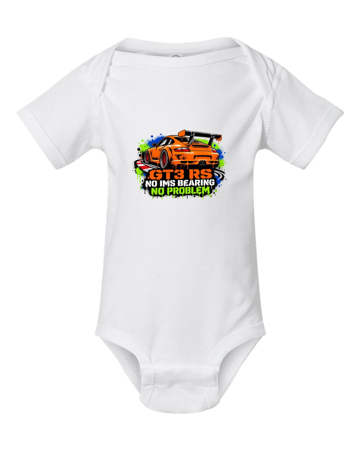 Porsche 996 GT3 RS graffiti stencil spray paint design with IMS joke white baby onesie front view with the design