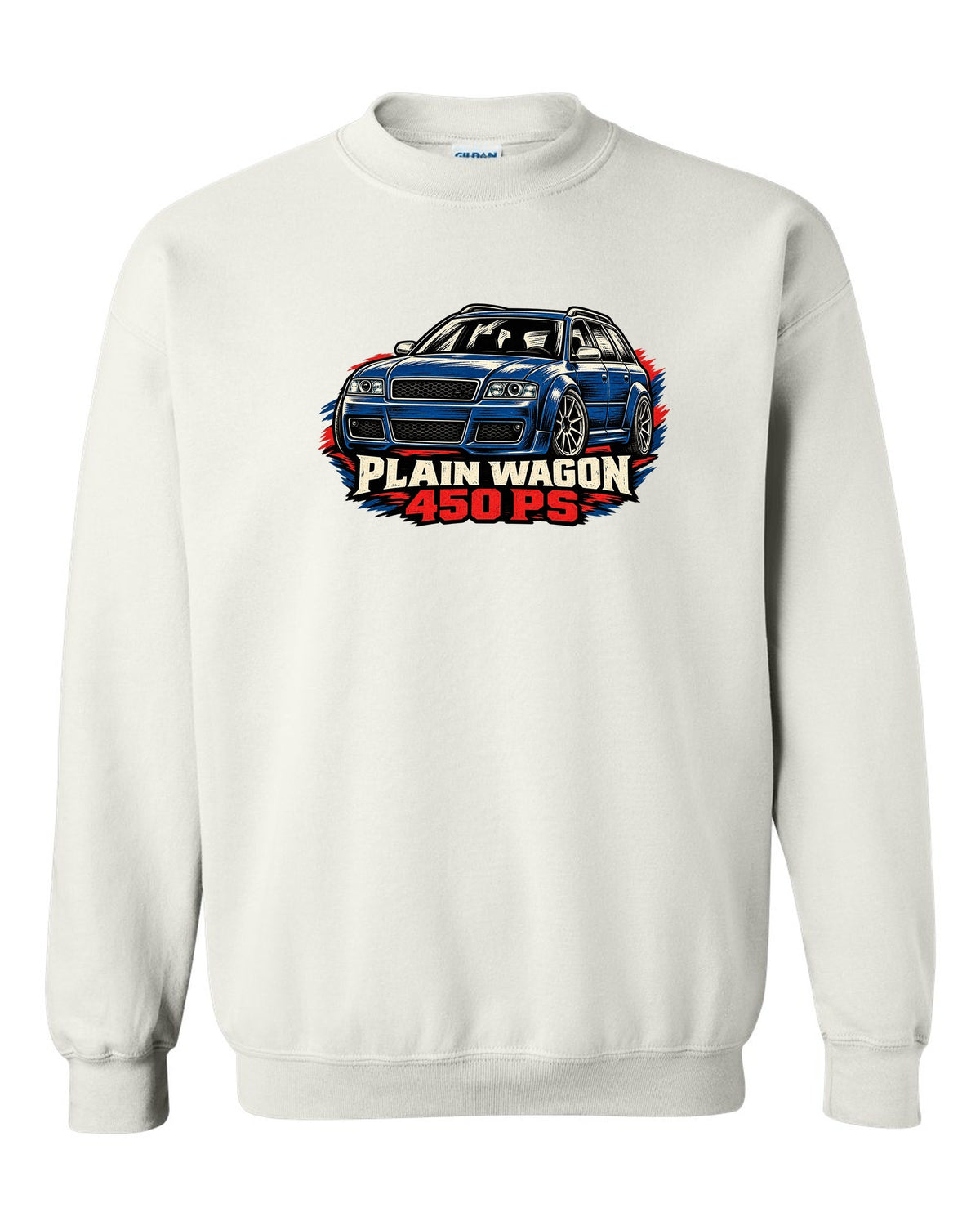 Linocut woodcut design of the Audi RS6 Avant C5 4B with plain wagon and 450 PS lettering white crewneck front view with the design