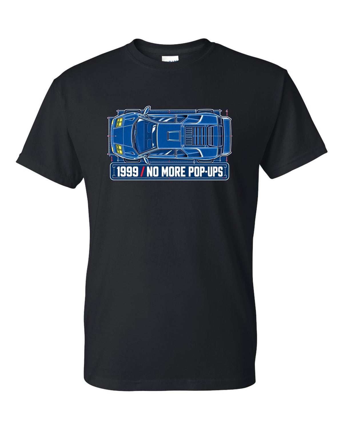 Cyanotype blueprint of a 1999 facelift Lamborghini Diablo with no more pop-ups lettering black t-shirt front view with the design