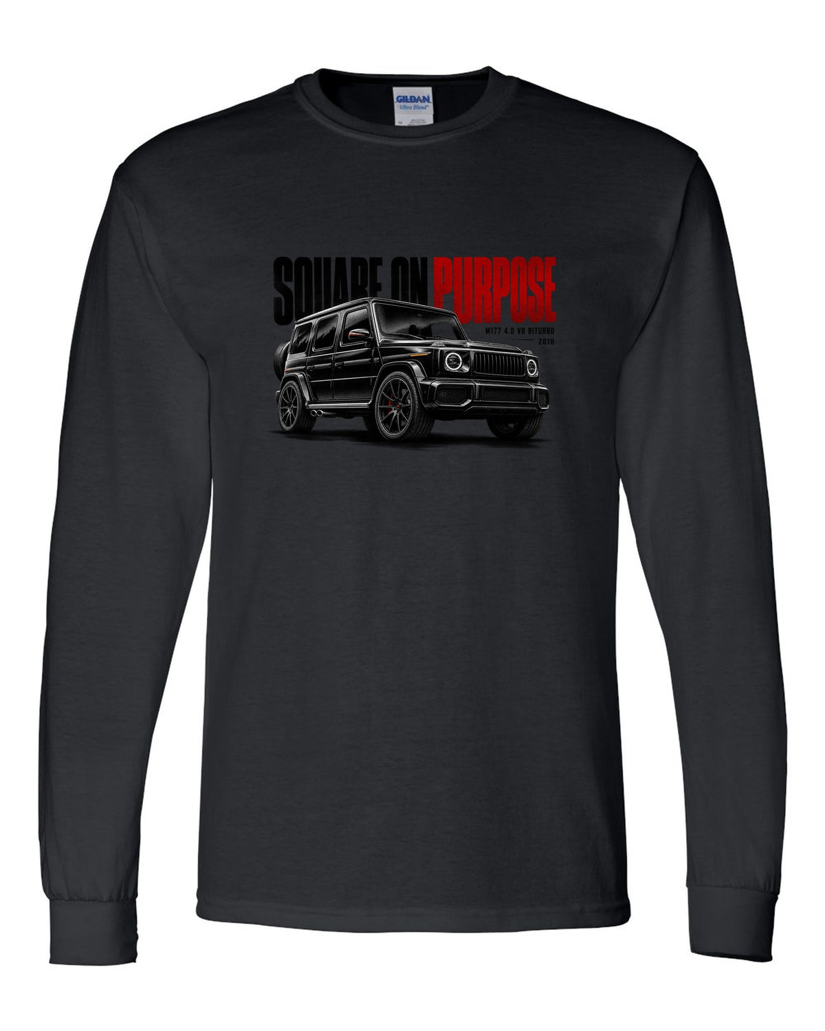 Halftone statement print of a Mercedes-AMG G63 W464 with Square On Purpose lettering black long sleeve front view with the design