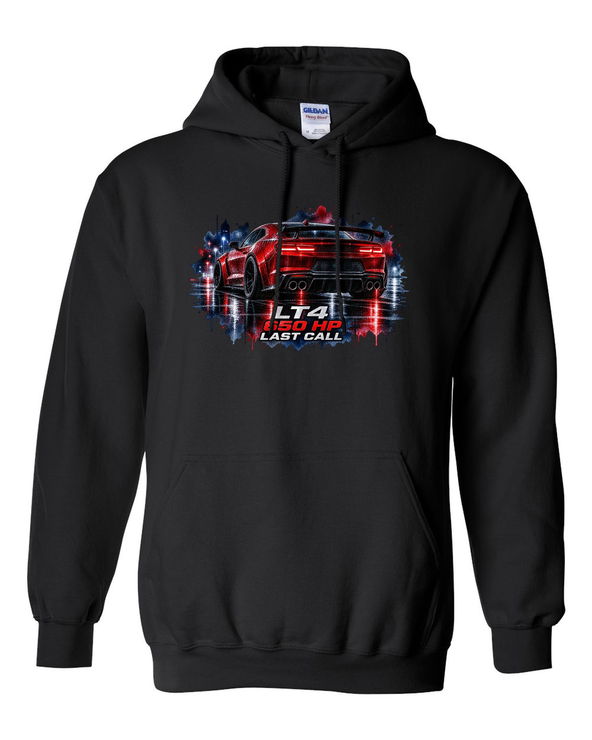 2023 Camaro ZL1 on a wet night road in watercolour style with LT4 650 HP Last Call text black pull over hoodie front view with the design