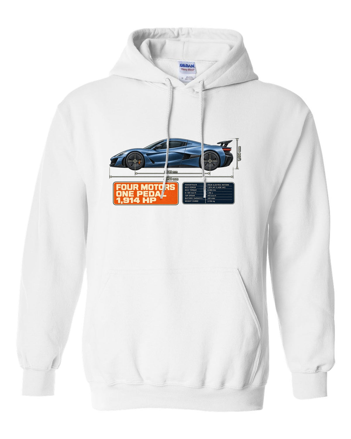 Rimac Nevera 2021 dimension blueprint print with four motors one pedal 1,914 hp text white pull over hoodie front view with the design