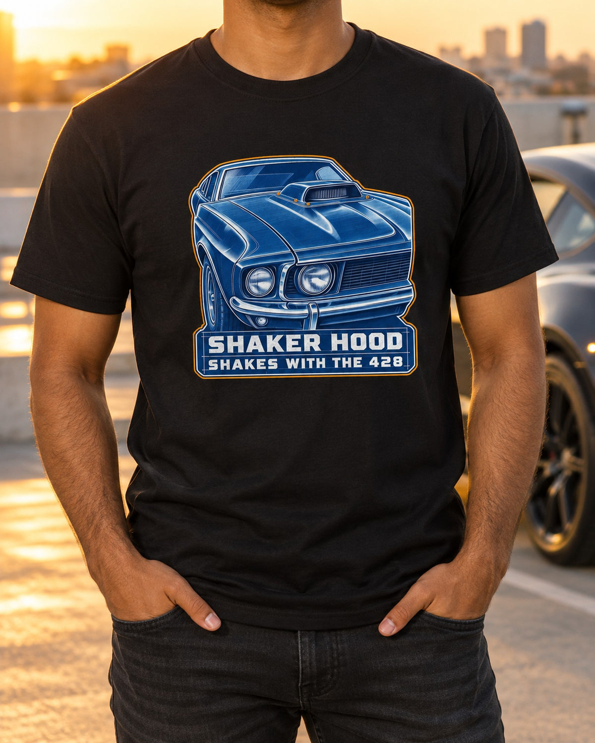 1969 Ford Mustang Fastback Shaker Hood Cyanotype Shirt T-Shirt Black worn hero