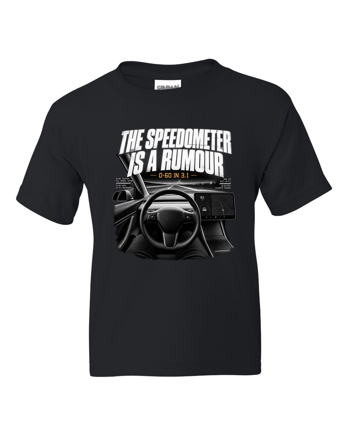 Tesla Model 3 landscape screen interior graphic with the line the speedometer is a rumour, 0-60 in 3.1 black kids tee front view with the design