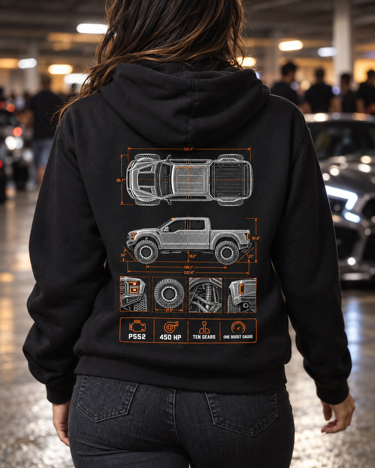 Ford F-150 Raptor Gen 2 P552 Spec Poster Tee, Truck Gift Zip Hoodie Black worn hero