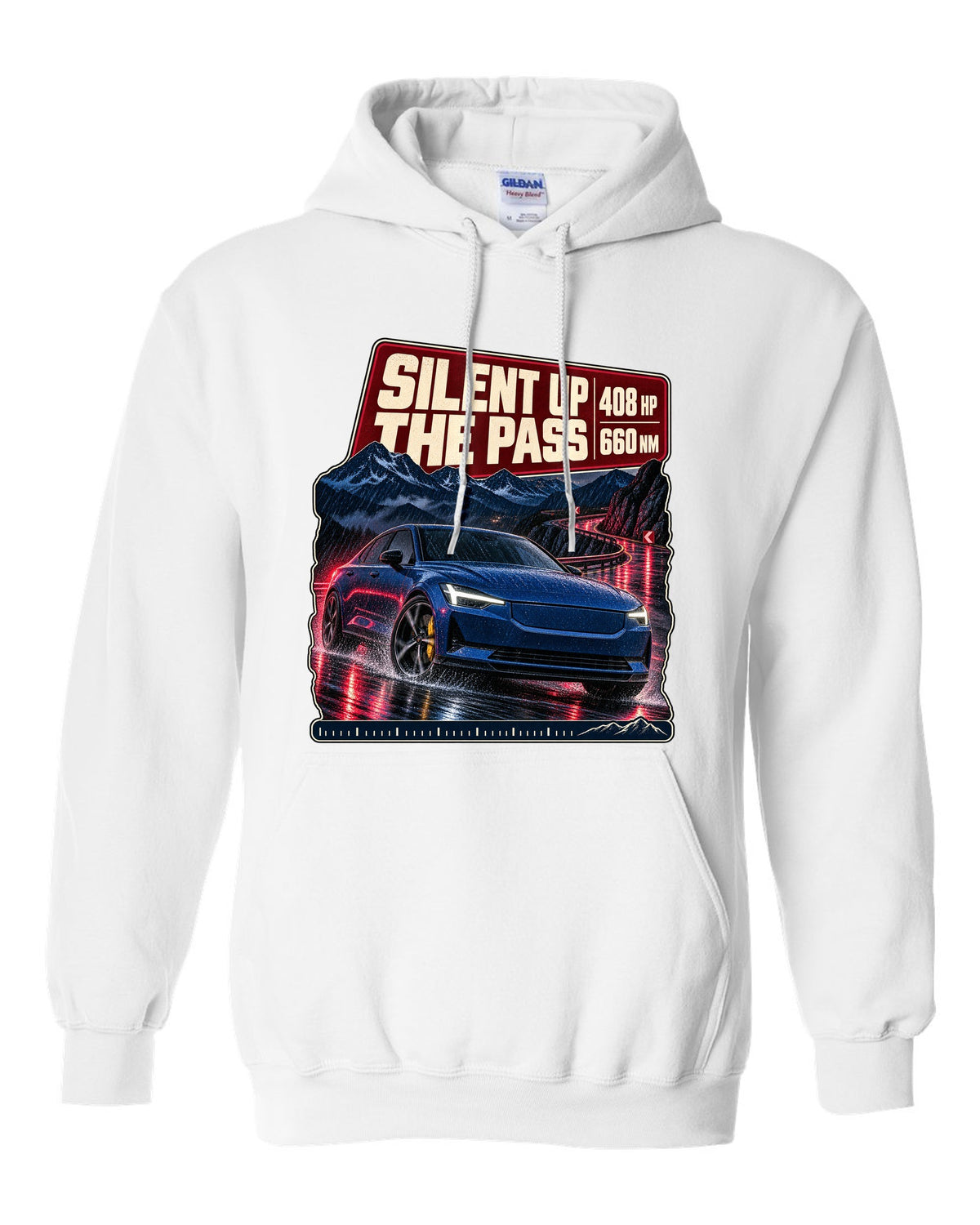 Polestar 2 Launch Edition driving a mountain pass at night, print design white pull over hoodie front view with the design