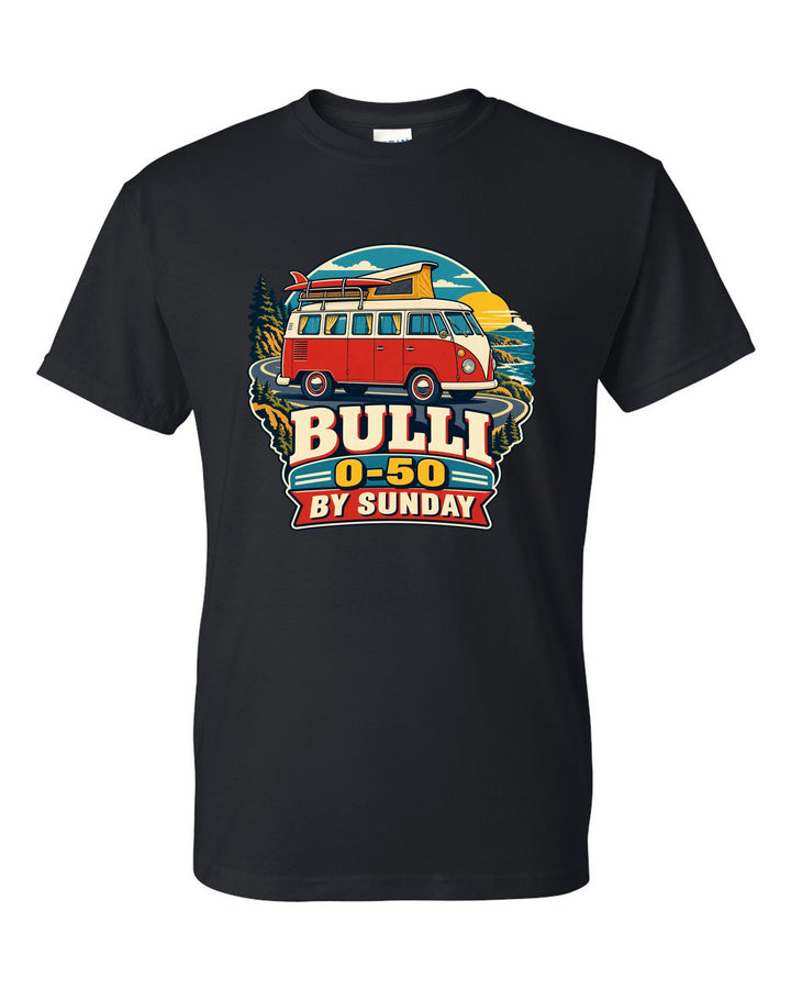 Vintage race poster of a VW Bus T1 Type 2 Bulli with 0-50 by Sunday text black t-shirt front view with the design