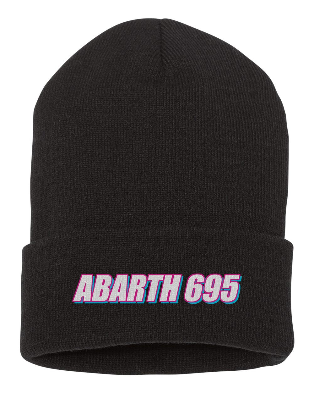 Abarth 695 black beanie front view with car name