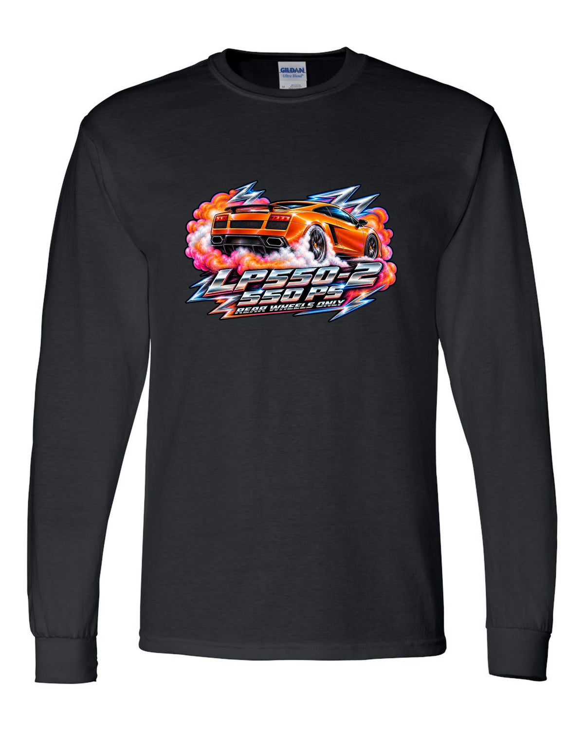80s airbrush chrome design of a Lamborghini Gallardo LP550-2 with rear wheels only text black long sleeve front view with the design